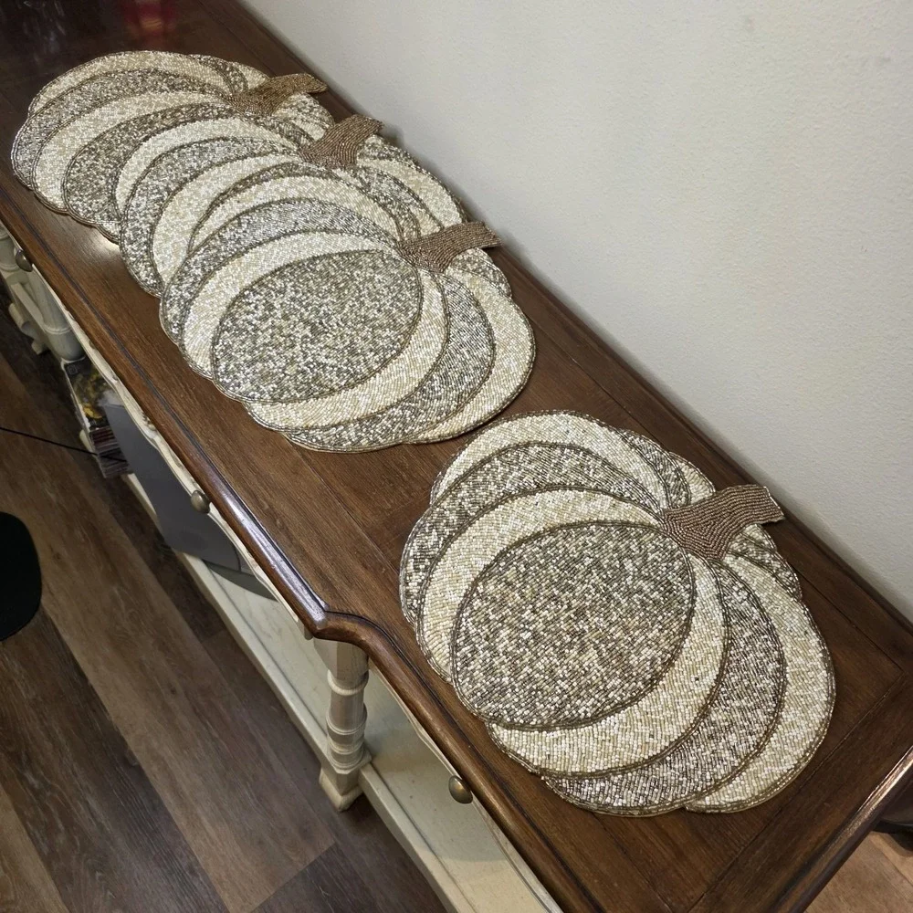 4 Bed Bath & Beyond Beaded Pumpkin Placemats Gold Ivory Fall Thanksgiving